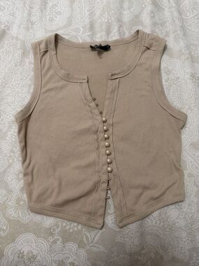 Sleeveless Button-Front Ribbed Tank Top - Beige